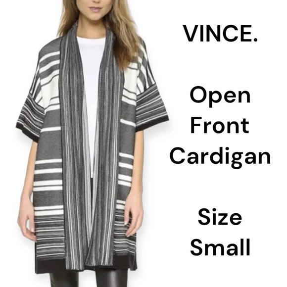 VINCE Women's Short Sleeve Open Front Long Cardigan Black White gray Size Small - Picture 1 of 9